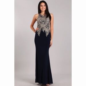 Sleeveless sexy navy gold dress